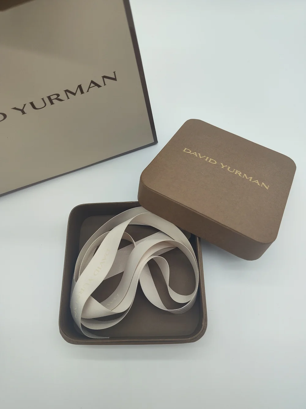 DAVID YURMAN Jewelry Gift Box Shopping Bag Ribbon Set Brown Ivory Packaging EUC